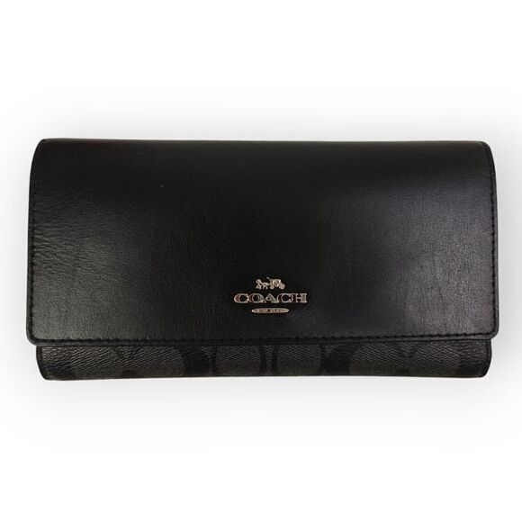 COACH CC LOGO CANVAS BLACK GENUINE LEATHER LONG WALLET PURSE CLUTCH - Picture 3 of 7